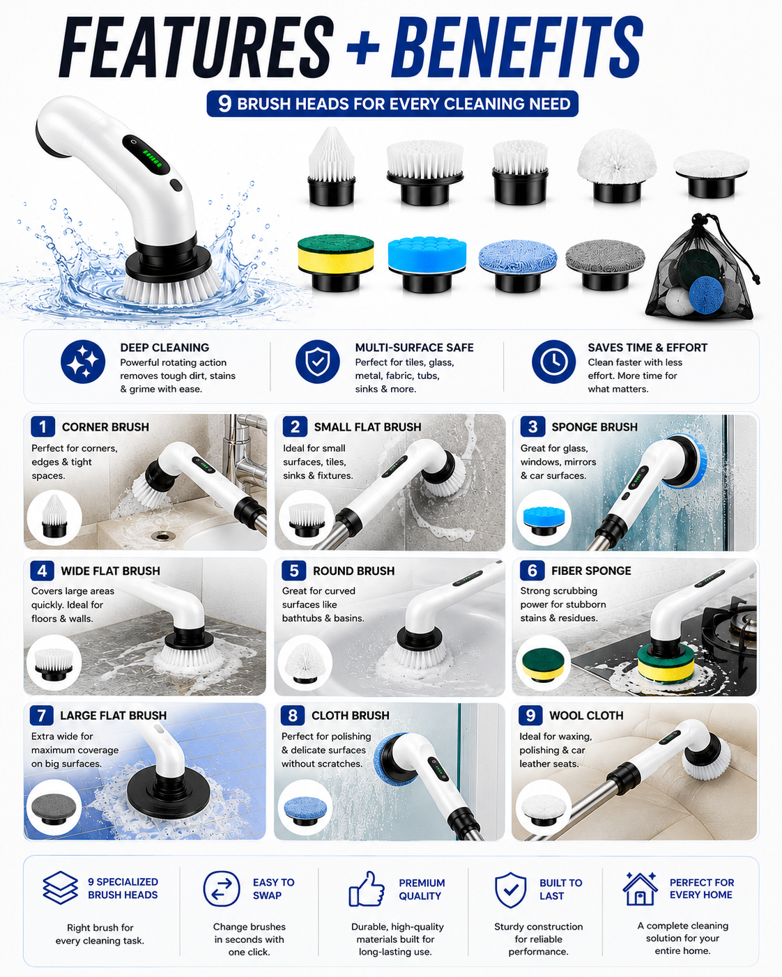9-in-1 Electric Spin Scrubber with Adjustable Long Handle
