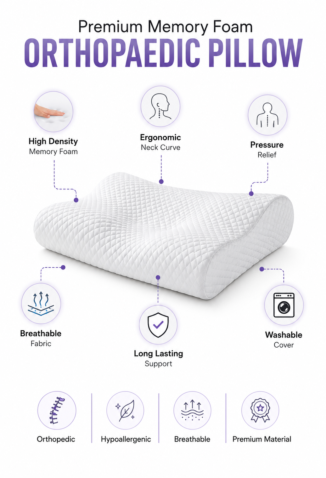 Memory Foam Solid Orthopaedic  Pillow White